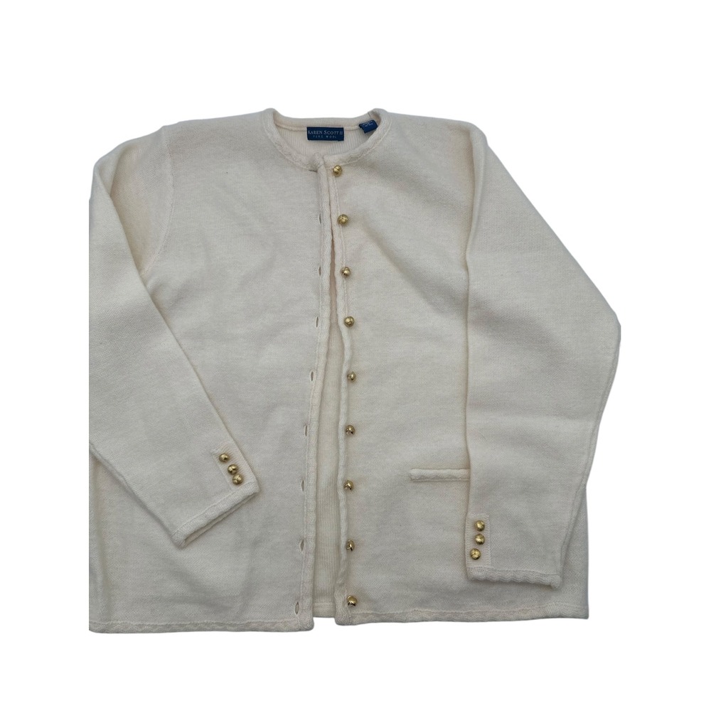 Karen Scott II Womens Cream Pure Wool Gold Button Cardigan Sweater 1X Australia